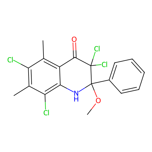 3,3,6,8-tetrachloro-2-methoxy-5,7-dimethyl-2-phenyl-1H-quinolin-4-one structure