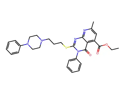 Pyrido(2,3-d)pyrimidine-5-carboxylic acid, 3,4-dihydro-7-methyl-4-oxo-3-phenyl-2-((3-(4-phenyl-1-piperazinyl)propyl)thio)-, ethyl ester structure