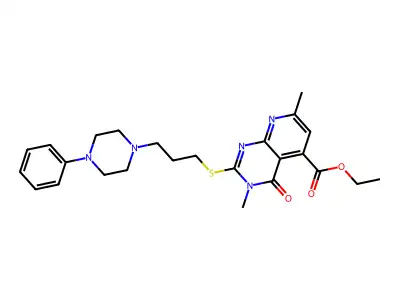 Pyrido(2,3-d)pyrimidine-5-carboxylic acid, 3,4-dihydro-3,7-dimethyl-4-oxo-2-((3-(4-phenyl-1-piperazinyl)propyl)thio)-, ethyl ester structure