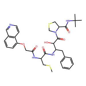 3-[3-benzyl-2-hydroxy-9-(isoquinolin-5-yloxy)-6-methylsulfanylmethyl-5,8-dioxo-4,7-diazanonanoyl]-N-t-butyl-1,3-thiazolidine-4-carboxamide structure