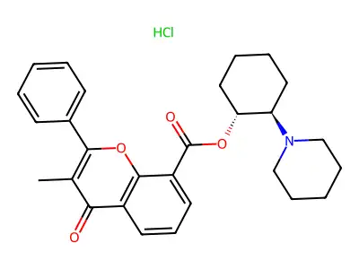 4H-1-Benzopyran-8-carboxylic acid, 3-methyl-4-oxo-2-phenyl-, 2-(1-piperidinyl)cyclohexyl ester, hydrochloride, trans-(+-)- structure