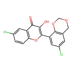 6-chloro-2-(6-chloro-4H-1,3-benzodioxin-8-yl)-3-hydroxy-4H-chromen-4-one structure