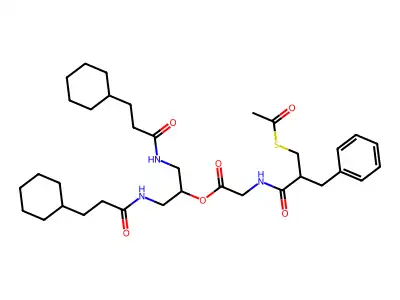 Glycine, N-(2-((acetylthio)methyl)-1-oxo-3-phenylpropyl)-, 2-((3-cyclohexyl-1-oxopropyl)amino)-1-(((3-cyclohexyl-1-oxopropyl)amino)methyl)ethyl ester, (+-)- structure