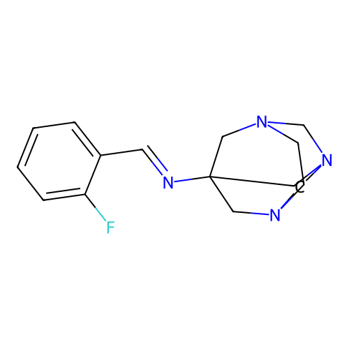 (E)-N-(2-fluorobenzylidene)-1,3,6-triazatricyclo[4.3.1.1(3,8)]undecan-8-amine structure
