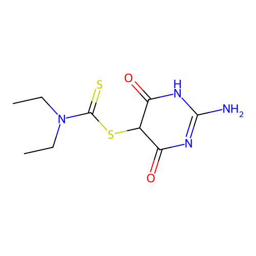 2-Amino-6-hydroxy-4-oxo-4,5-dihydropyrimidin-5-yl diethylcarbamodithioate structure