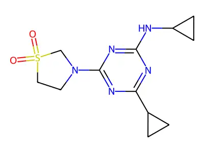 1,3,5-Triazin-2-amine, N,4-dicyclopropyl-6-(3-thiazolidinyl)-, S,S-dioxide structure