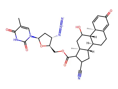 [3-azido-5-(5-methyl-2,4-dioxo-pyrimidin-1-yl)tetrahydrofuran-2-yl]methyl 16-cyano-11-hydroxy-10,13-dimethyl-3-oxo-6,7,8,9,11,12,14,15,16,17-decahydrocyclopenta[a]phenanthrene-17-carboxylate structure