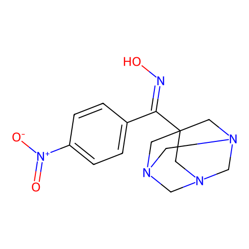 (E)-((1s,3s,5s)-1,3,5-triazaadamantan-7-yl)(4-nitrophenyl)methanone oxime structure