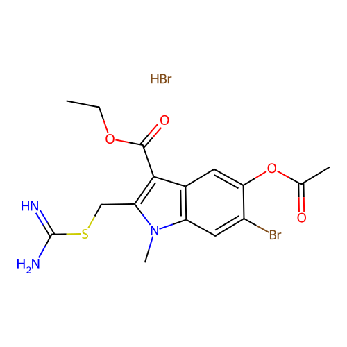 5-Acetoxy-6-bromo-2-carbamimidoylsulfanylmethyl-1-methyl-1H-indole-3-carboxylic acid ethyl ester structure