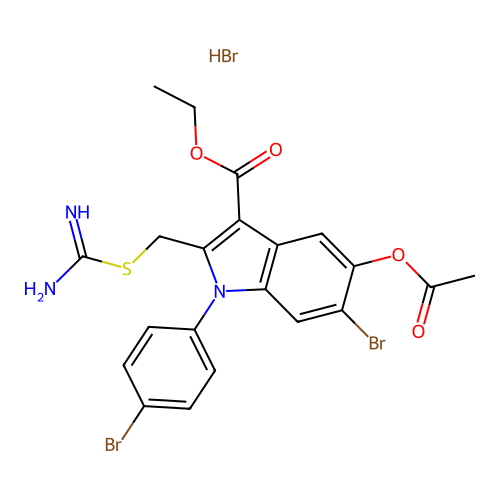 ethyl 5-(acetyloxy)-2-({[amino(imino)methyl]thio}methyl)-6-bromo-1-(4-bromophenyl)-1H-indole-3-carboxylate hydrobromide structure