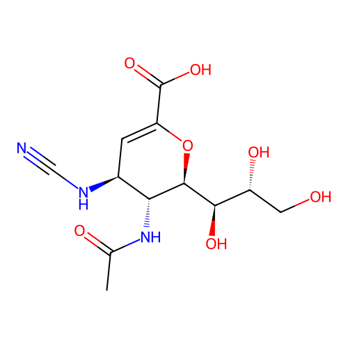 (2R,3R,4S)-3-acetamido-4-cyanamido-2-((1R,2R)-1,2,3-trihydroxypropyl)-3,4-dihydro-2H-pyran-6-carboxylic acid structure