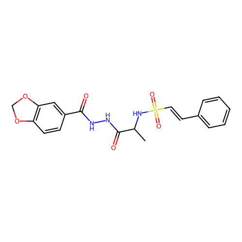 N-{1-[N'-(1,3-dioxaindane-5-carbonyl)hydrazinecarbonyl]ethyl}-2-phenylethene-1-sulfonamide structure