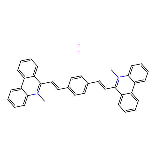 5-Methyl-6-((E)-2-(4-9(E)-2-(5-methylphenanthridin-5-ium-6-yl)ethenyl)phenyl)ethenyl)phenanthridin-5-ium diiodide structure