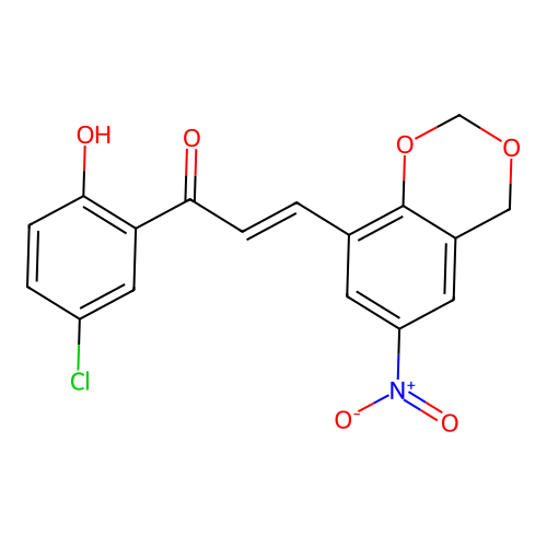 (E)-1-(5-chloro-2-hydroxyphenyl)-3-(6-nitro-4H-1,3-benzodioxin-8-yl)prop-2-en-1-one structure