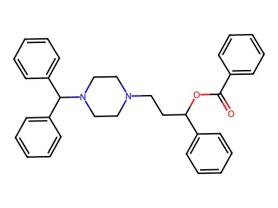 1-Piperazinepropanol, 4-(diphenylmethyl)-alpha-phenyl-, benzoate (ester) structure