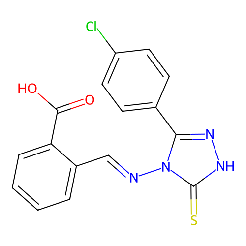 (E)-2-(((3-(4-chlorophenyl)-5-mercapto-4H-1,2,4-triazol-4-yl)imino)methyl)benzoic acid structure