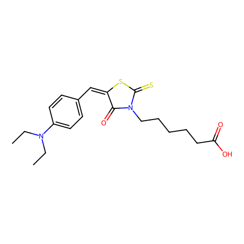 (E)-6-(5-(4-(diethylamino)benzylidene)-4-oxo-2-thioxothiazolidin-3-yl)hexanoic acid structure