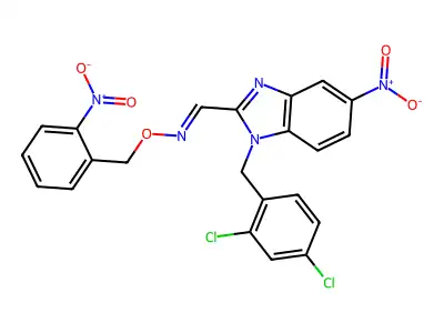 1-[1-[(2,4-dichlorophenyl)methyl]-5-nitrobenzimidazol-2-yl]-N-[(2-nitrophenyl)methoxy]methanimine structure