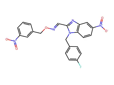 1-[1-[(4-fluorophenyl)methyl]-5-nitrobenzimidazol-2-yl]-N-[(3-nitrophenyl)methoxy]methanimine structure