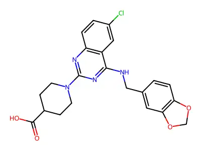 1-(6-chloro-4-(3,4-methylenedioxybenzyl)aminoquinazolin-2-yl)piperidine-4-carboxylic acid structure