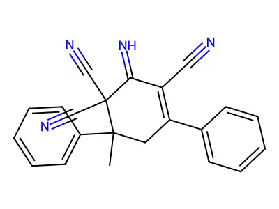 2-Imino-6-methyl-4,6-diphenylcyclohex-3-ene-1,1,3-tricarbonitrile structure