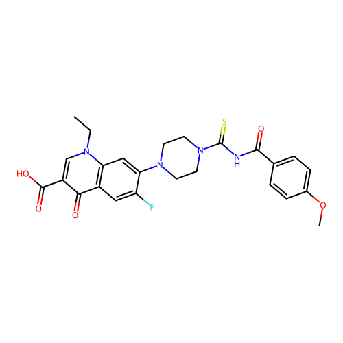 1-ethyl-6-fluoro-7-[4-[(4-methoxybenzoyl)carbamothioyl]piperazin-1-yl]-4-oxoquinoline-3-carboxylic acid structure