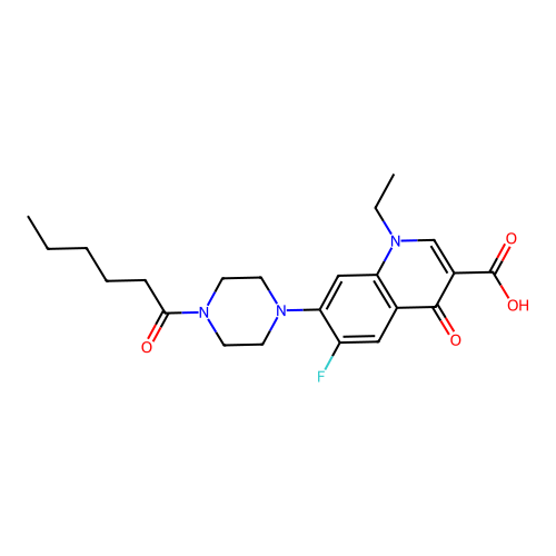 1-ethyl-6-fluoro-7-(4-hexanoylpiperazin-1-yl)-4-oxo-1,4-dihydroquinoline-3-carboxylic acid structure