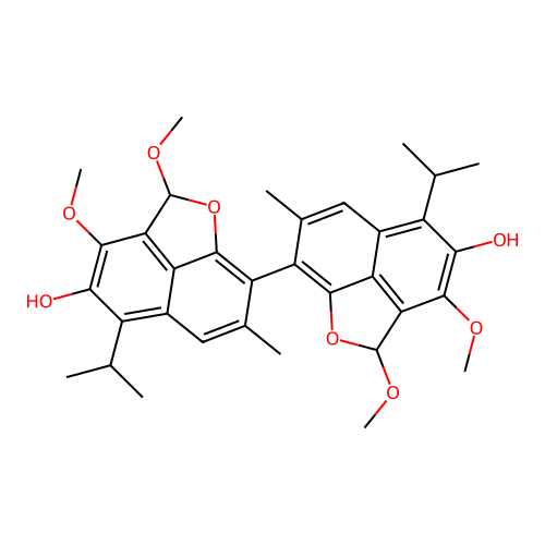 2,2',3,3'-tetramethoxy-7,7'-dimethyl-5,5'-di(propan-2-yl)-2H,2'H-8,8'-binaphtho[1,8-bc]furan-4,4'-diol structure