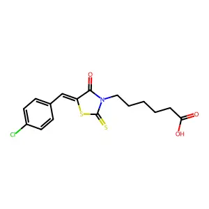 6-[(5Z)-5-[(4-chlorophenyl)methylidene]-4-oxo-2-sulfanylidene-1,3-thiazolidin-3-yl]hexanoic acid structure