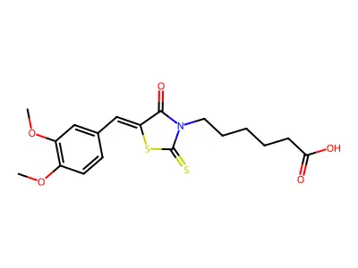 6-[(5Z)-5-[(3,4-dimethoxyphenyl)methylidene]-4-oxo-2-sulfanylidene-1,3-thiazolidin-3-yl]hexanoic acid structure