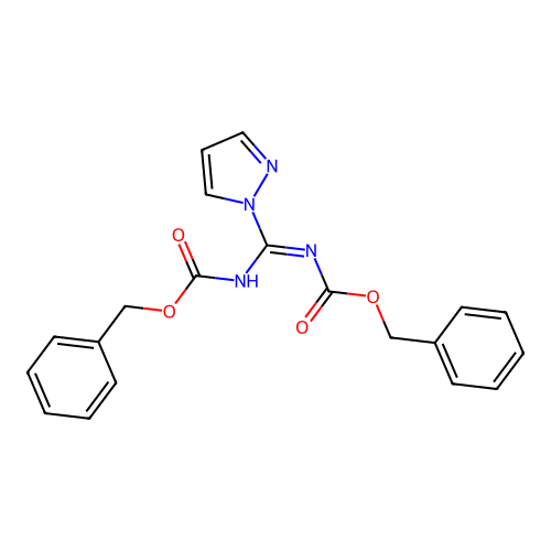 benzyl (NE)-N-[phenylmethoxycarbonylamino(pyrazol-1-yl)methylidene]carbamate structure