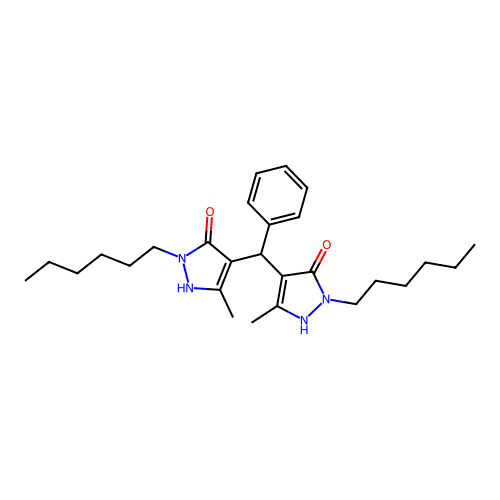 Phenyldi(1-hexyl-5-hydroxy-3-methyl-pyrazolyl)methane structure