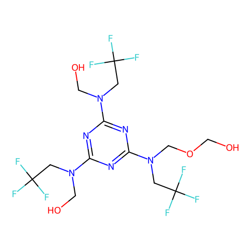 [(4-{[(hydroxymethoxy)methyl](2,2,2-trifluoroethyl)amino}-6-[(hydroxymethyl)(2,2,2-trifluoroethyl)amino]-1,3,5-triazin-2-yl)(2,2,2-trifluoroethyl)amino]methanol structure