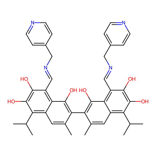 (1Z)-7-[(8Z)-1,6-dihydroxy-3-methyl-7-oxo-5-propan-2-yl-8-[(pyridin-4-ylmethylamino)methylidene]naphthalen-2-yl]-3,8-dihydroxy-6-methyl-4-propan-2-yl-1-[(pyridin-4-ylmethylamino)methylidene]naphthalen-2-one structure