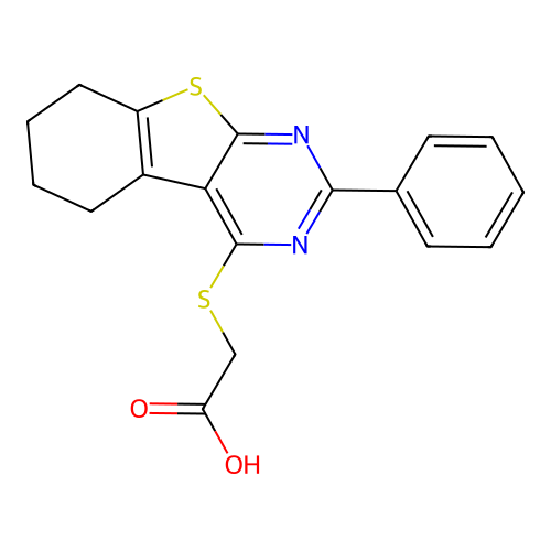 [(2-Phenyl-5,6,7,8-tetrahydro[1]benzothieno[2,3-d]pyrimidin)-4-ylthio]acetic acid structure