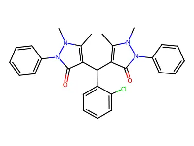 4,4'-((2-chlorophenyl)methylene)bis(1,5-dimethyl-2-phenyl-1H-pyrazol-3(2H)-one) structure