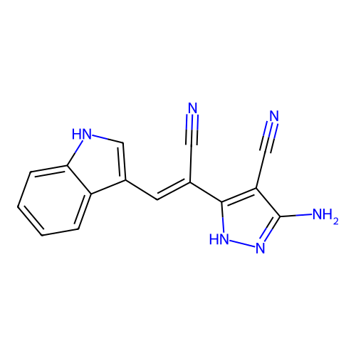 3-Amino-5-[1-cyano-2-(1H-indol-3-yl)ethenyl]-1H-pyrazole-4-carbonitrile structure