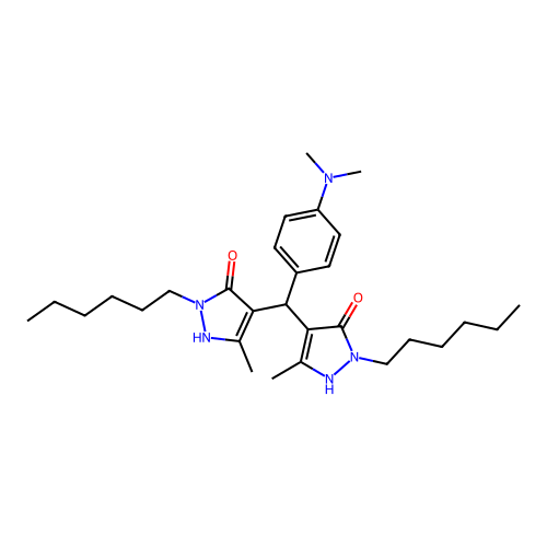 4,4'-((4-(dimethylamino)phenyl)methylene)bis(1-hexyl-3-methyl-1H-pyrazol-5-ol) structure