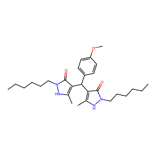 4,4'-((4-methoxyphenyl)methylene)bis(1-hexyl-3-methyl-1H-pyrazol-5-ol) structure