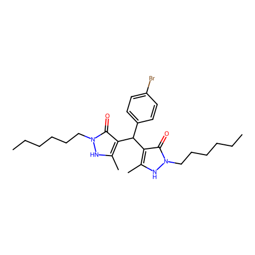 4,4'-((4-bromophenyl)methylene)bis(1-hexyl-3-methyl-1H-pyrazol-5-ol) structure