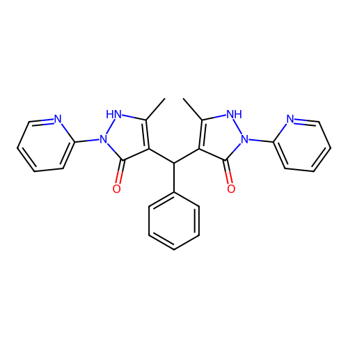 4,4'-(phenylmethylene)bis(3-methyl-1-(pyridin-2-yl)-1H-pyrazol-5-ol) structure