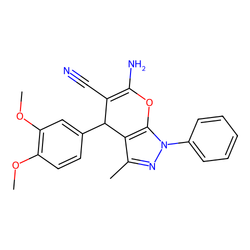 6-amino-4-(3,4-dimethoxyphenyl)-3-methyl-1-phenyl-1,4-dihydropyrano[2,3-c]pyrazole-5-carbonitrile structure