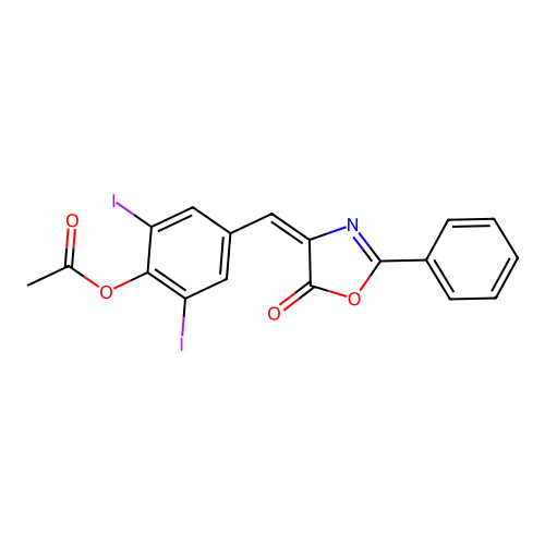 2,6-Diiodo-4-(5-oxo-2-phenyl-2-oxazolin-4-ylidenemethyl)phenyl acetate structure