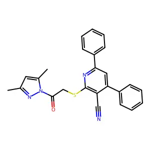 2-[2-(3,5-dimethylpyrazol-1-yl)-2-oxoethyl]sulfanyl-4,6-diphenylpyridine-3-carbonitrile structure