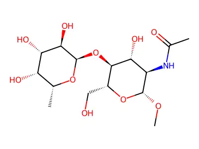 Methyl fucopyranosyl(1-4)-2-acetamido-2-deoxyglucopyranoside structure