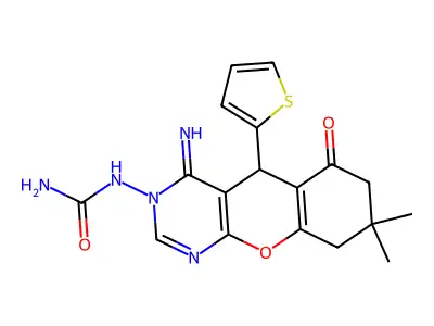 1-(4-imino-8,8-dimethyl-6-oxo-5-(thiophen-2-yl)-4,5,6,7,8,9-hexahydro-3H-chromeno[2,3-d]pyrimidin-3-yl)urea structure