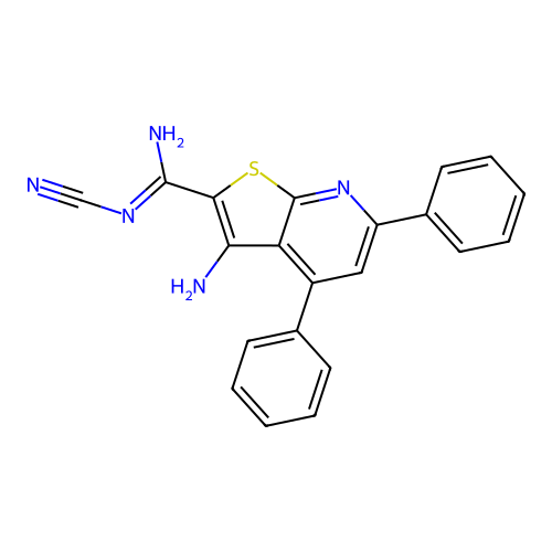 3-amino-N'-cyano-4,6-diphenylthieno[2,3-b]pyridine-2-carboximidamide structure