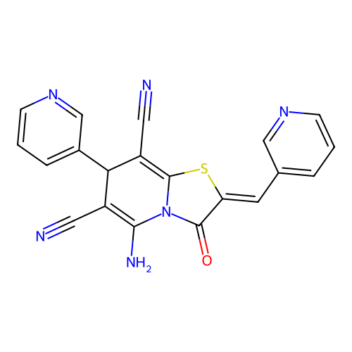 (2Z)-5-amino-3-oxo-7-(pyridin-3-yl)-2-(pyridin-3-ylmethylidene)-2,3-dihydro-7H-[1,3]thiazolo[3,2-a]pyridine-6,8-dicarbonitrile structure