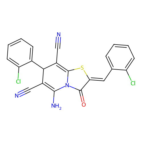 (2Z)-5-amino-2-(2-chlorobenzylidene)-7-(2-chlorophenyl)-3-oxo-2,3-dihydro-7H-[1,3]thiazolo[3,2-a]pyridine-6,8-dicarbonitrile structure