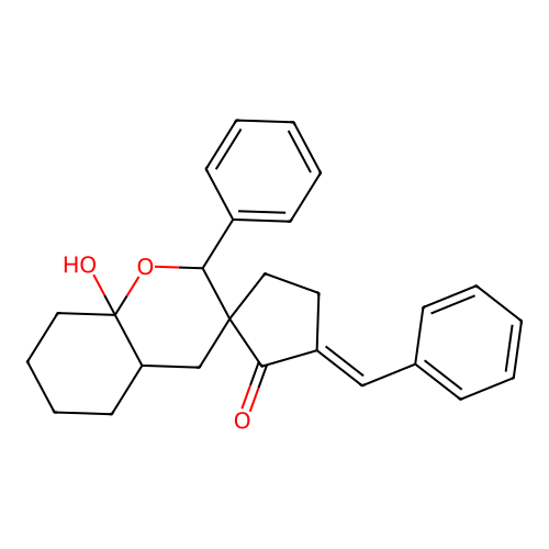 (E)-3'-benzylidene-8a-hydroxy-2-phenyloctahydrospiro[chromene-3,1'-cyclopentan]-2'-one structure